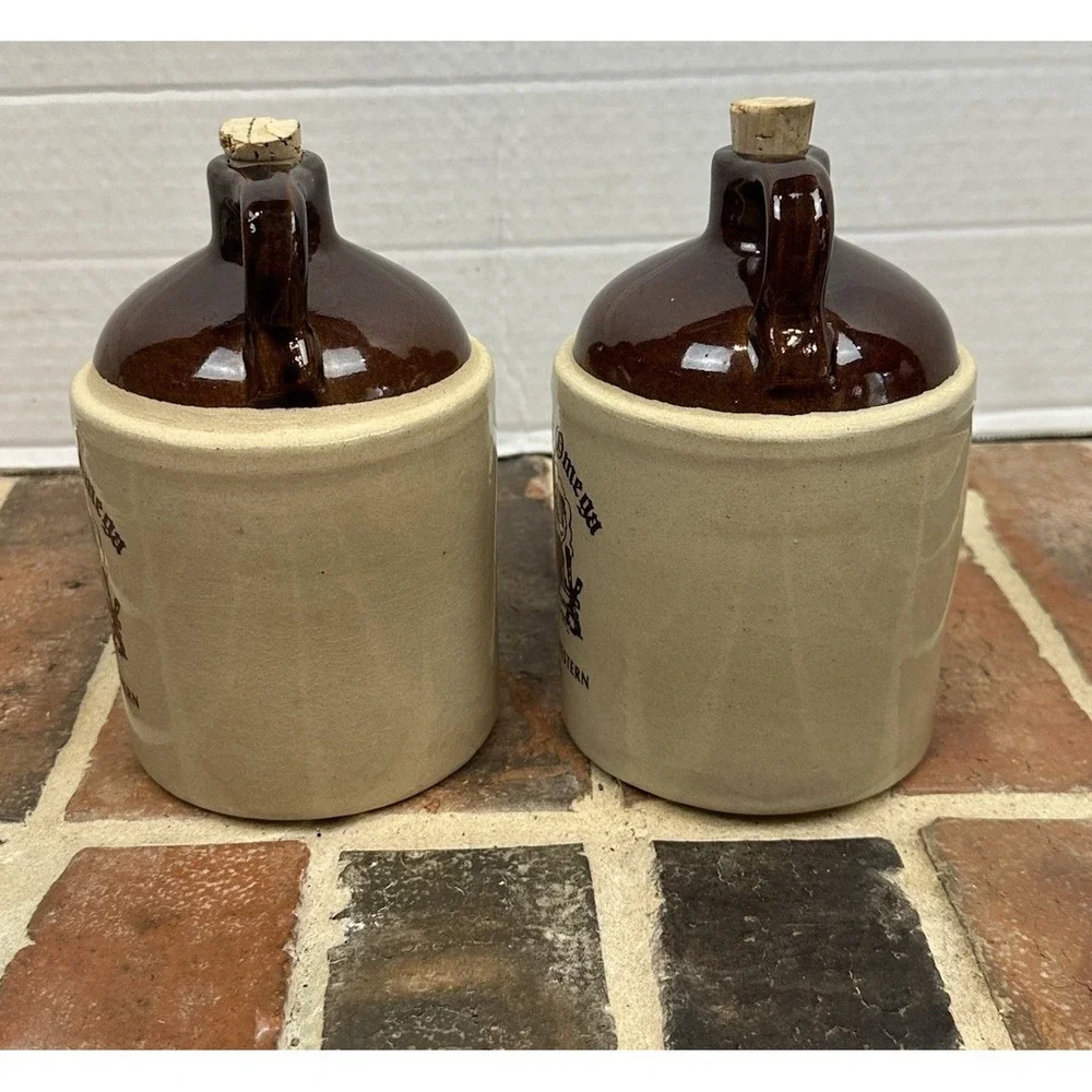 Pair Of Vintage Alpha Chi Omega Whisky Jug W Cork Winter Western 1981 Stoneware